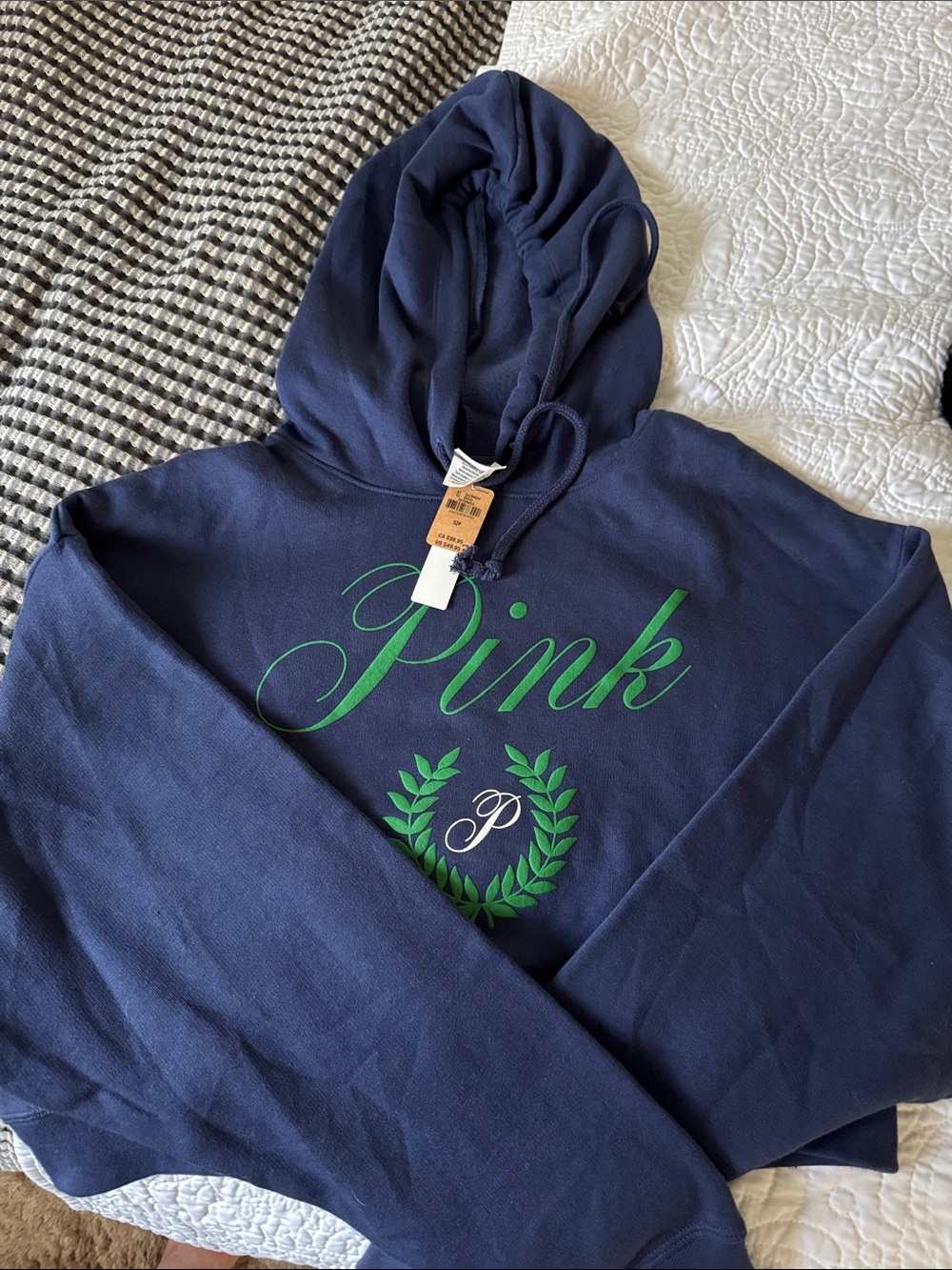 PINK Script Crest Navy Crop Hoodie with Green Logo